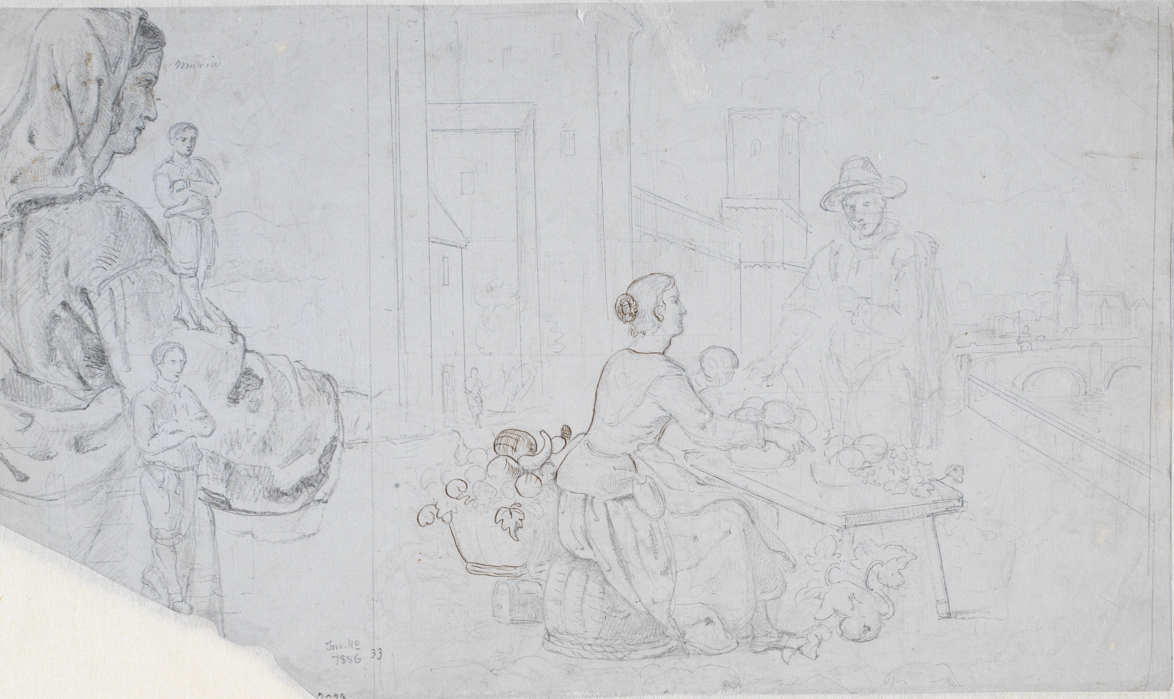 En ung ridder køber frugt hos en frugtsælgerske, der sidder i en by mellem en flodkaj og bygninger med fantastiske tårne. T.v.: en studie til Maria, på billedet "Kvinderne ved graven"